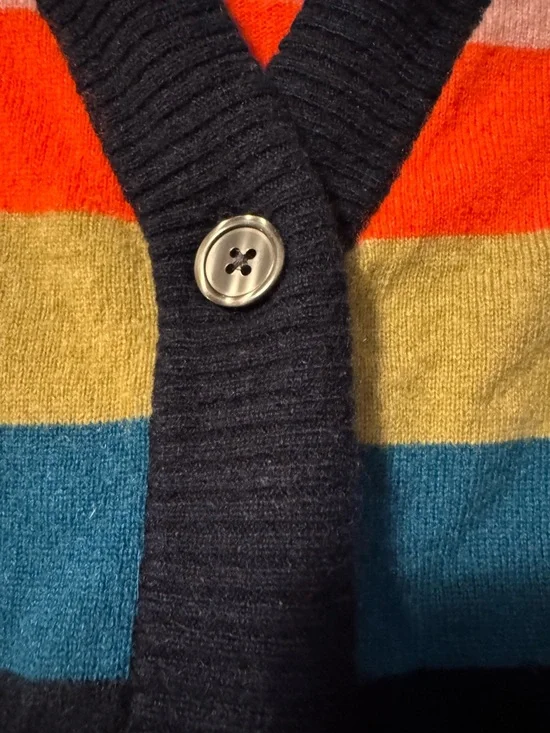 KULE Navy-Trim Striped V-Neck Cardigan in Coral, Teal & Olive - Picture 4 of 15